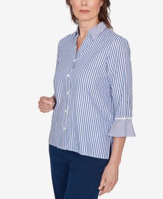 Petite Mykonos Mixed Stripe Button Front Lace Trim Top