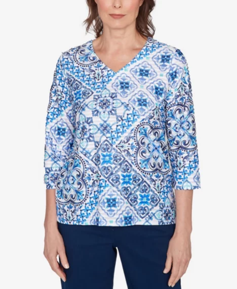 Petite Mykonos Aegean Tile V-Neck Top - Mosaic Blue