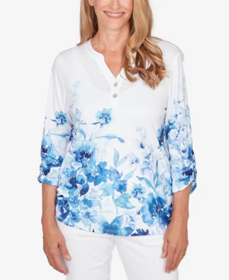 Petite Mykonos Watercolor Floral Border Henley Top - Blue Multi