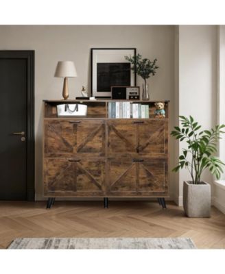 Farmhouse Shoe Storage Cabinet with 4 Flip Drawers and Open Storage -Freestanding Narrow Organizer for Entryway, Hallway, Living
