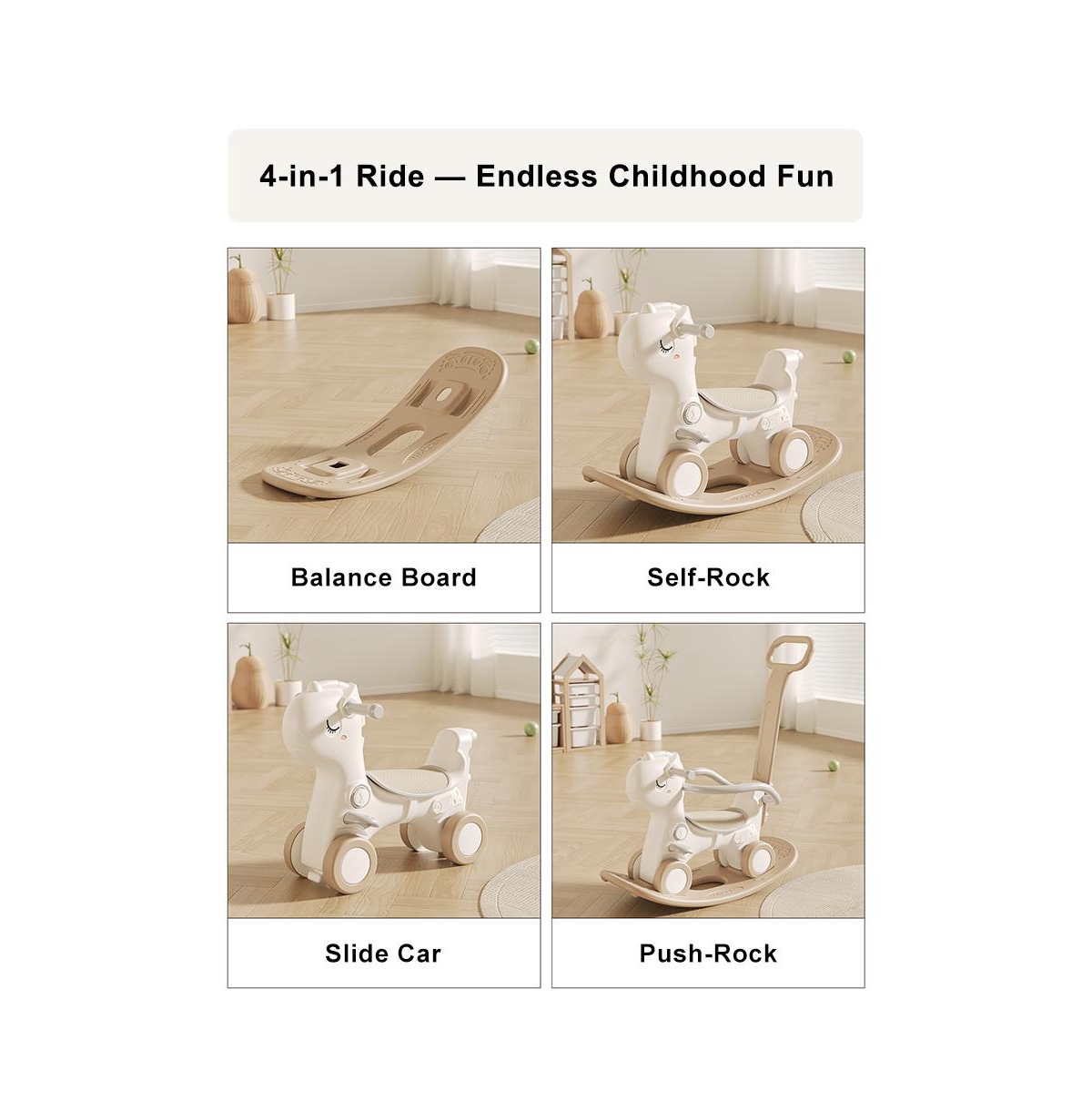 Bruce & Shark 4-in-1 musical rocking horse for toddlers, converts to ride-on, walker, board."