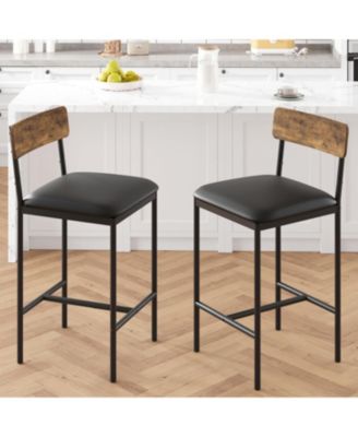 Farmhouse Bar Stool Set of 2, PU Leather Upholstered Bar Chairs with Back & Metal Frame, Comfortable Counter Height Island Chair, Brown