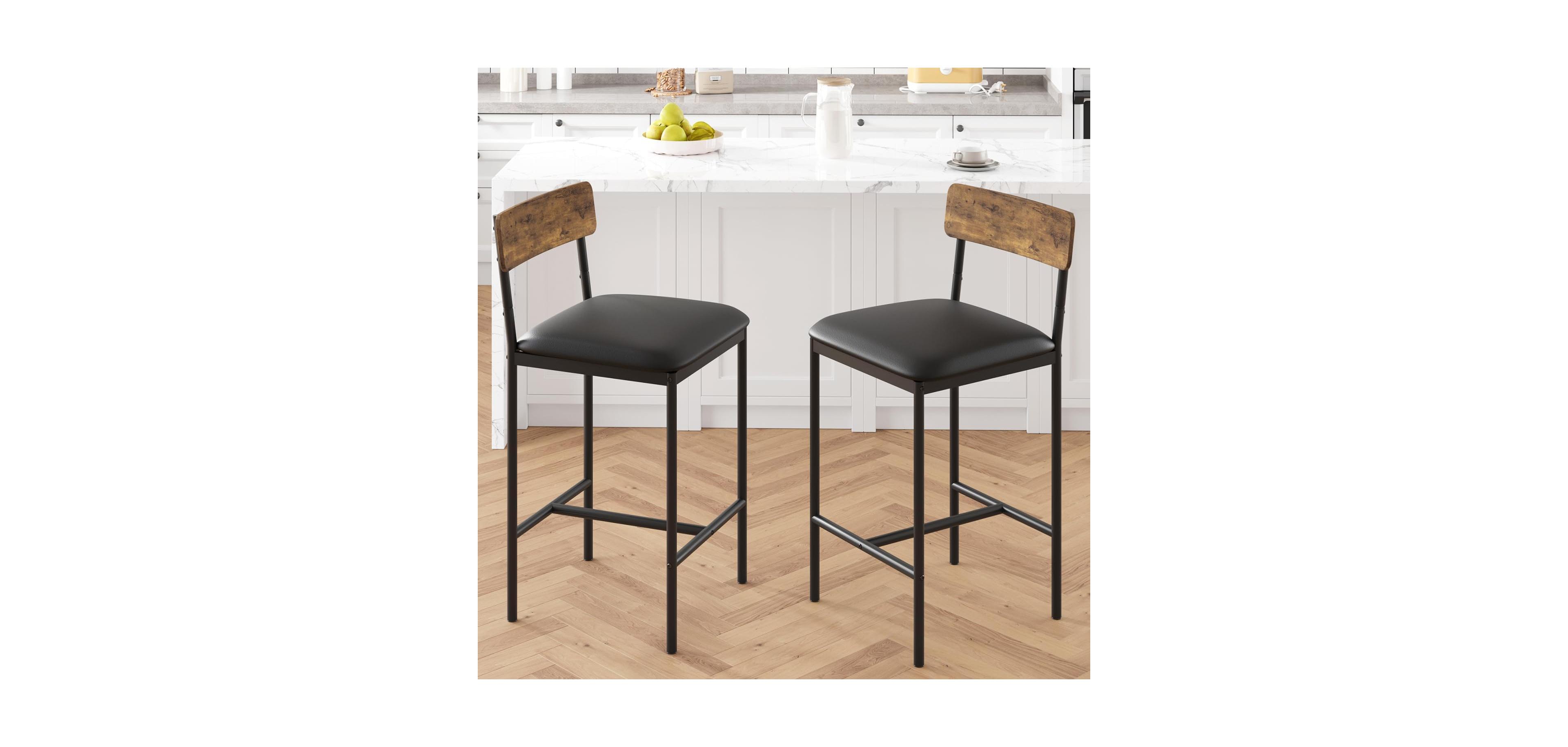 gaomon Farmhouse Bar Stool Set of 2, Pu Leather Upholstered Bar Chairs with Back & Metal Frame, Comfortable Counter Height Island Chair, Brown