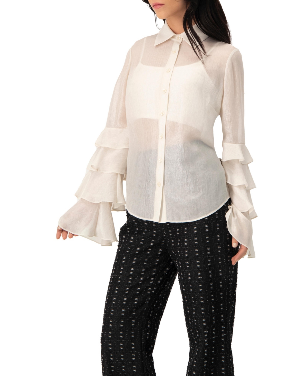 Ivonne Women's Sheer Shirt with Tiered Ruffle Sleeves