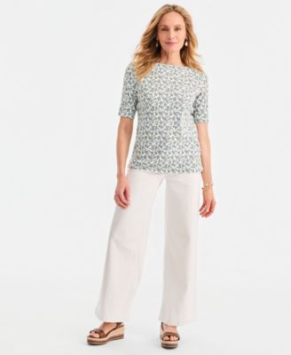 Women's Printed Boat-Neck Elbow-Sleeve Top