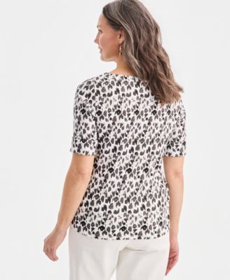 Women's Printed Boat-Neck Elbow-Sleeve Top