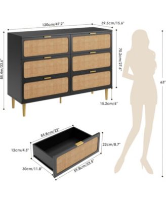 Rattan 6 Drawer Dresser for Bedroom, Long Double Chest with Deep Drawers and Wide Top for Living Room or Kids Room