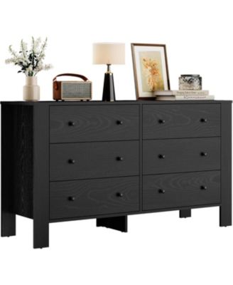 6 Drawer Dresser for Bedroom, Wide Black Chest with Deep Drawers and Metal Knobs, Modern Storage for Hallway, Kids Room.