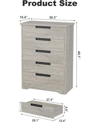Dresser, 5-Drawer, Natural Wood, Embedded Handles, Chest of Drawers Organizer for Bedroom, Living Room, Nursery, Hallway