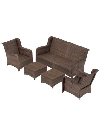 5 Piece Rattan Outdoor Sectional Conversation Set 3 Seat Couch 2 Single Chairs 2 Ottomans Bron Peacock Blue for Lawn Balcony Garden Backyard