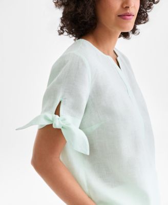 Women's 100% Linen Split-Neck Tie-Cuff Top