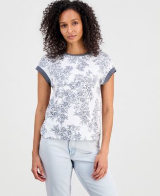 Women's Toile Contrast-Trim Short-Sleeve Top