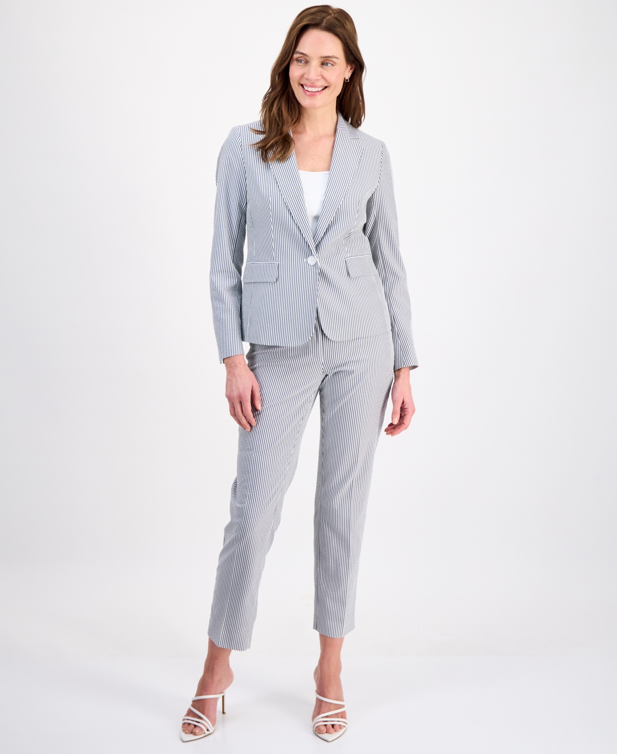 Le Suit Women’s Long-Sleeve Seersucker 2 Piece Pantsuit – Midnightnvy/natwhite