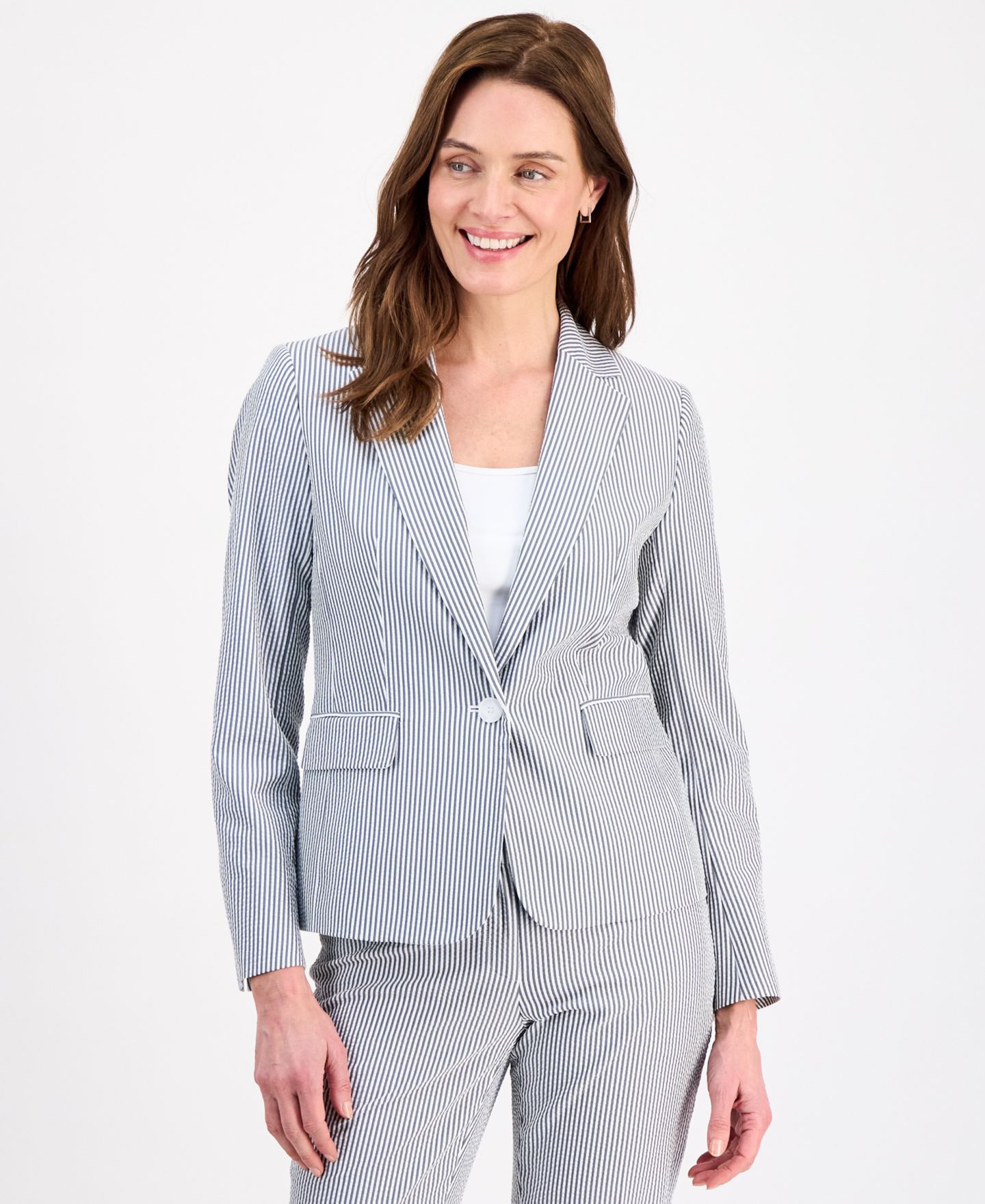 Женские комплекты Le Suit Long-Sleeve Seersucker 2 Piece Pantsuit, цвет: Midnightnvy/Natwhite — фото 4