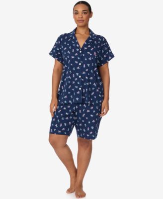 Plus-Size 2-Piece Notch Collar Shirt and Bermuda Shorts Pajama Set