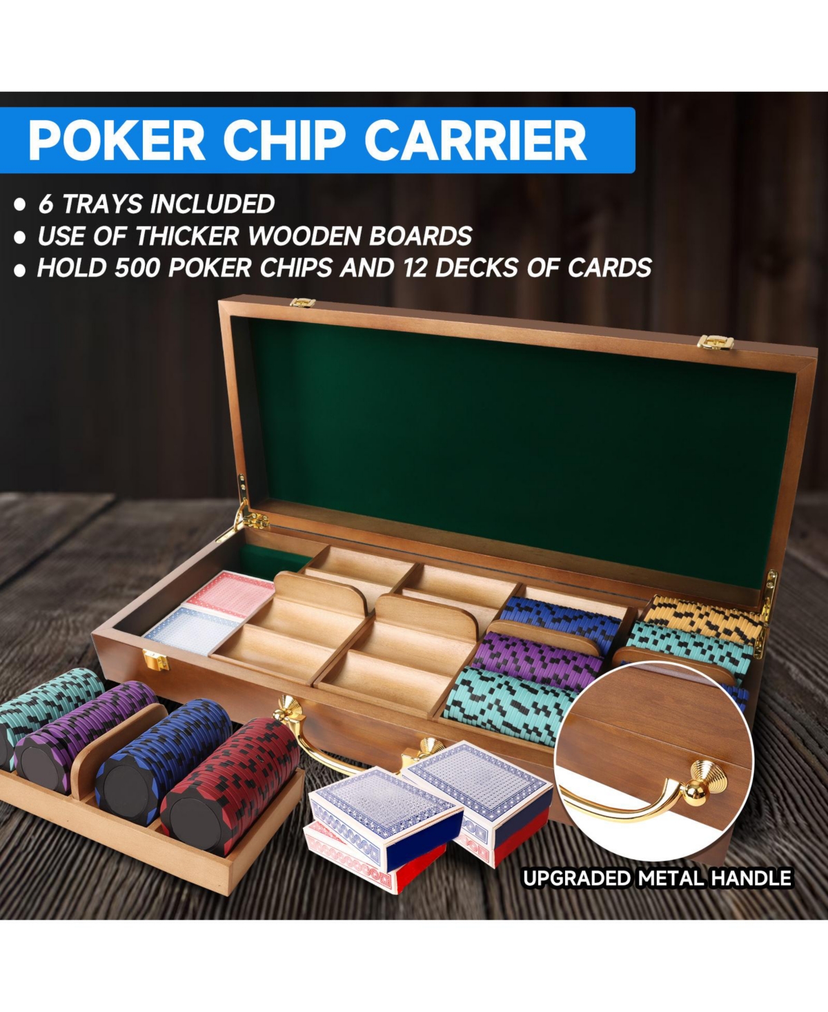 Gse Games & Sports Expert Poker Chips Carrier with 5 Wooden Poker Chip Trays for Any Thickness chips, Holds 500 Chips
