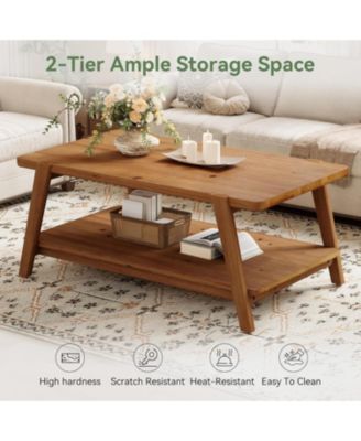 47-Inch Solid Wood Coffee Table, 2-Tier Farmhouse Rectangular Accent Center Cocktail Tea Table with Storage, Rustic Brown