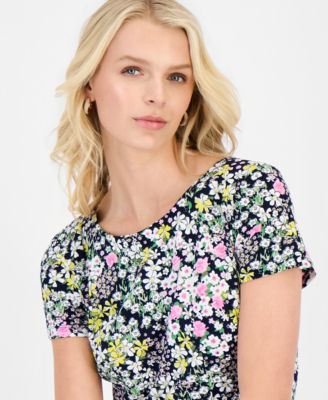 Petite Floral-Print Pintuck Short-Sleeve Dress