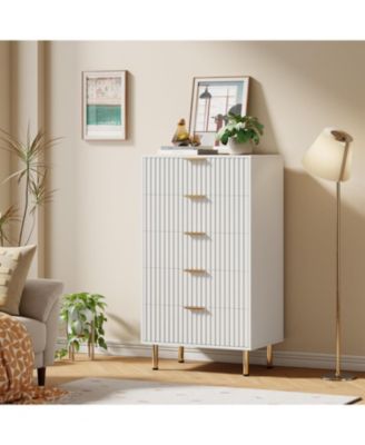 Fluted 5 Drawer Storage Dresser, Tall Chest with Deep Drawers and Wide Top, Wooden Organizer for Living Room or Kids Room
