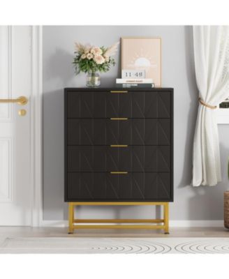 Black 4 Drawer Dresser with Gold Metal Handles Modern Small Dresser Storage Cabine Wooden Chest of Drawers for Bedroom