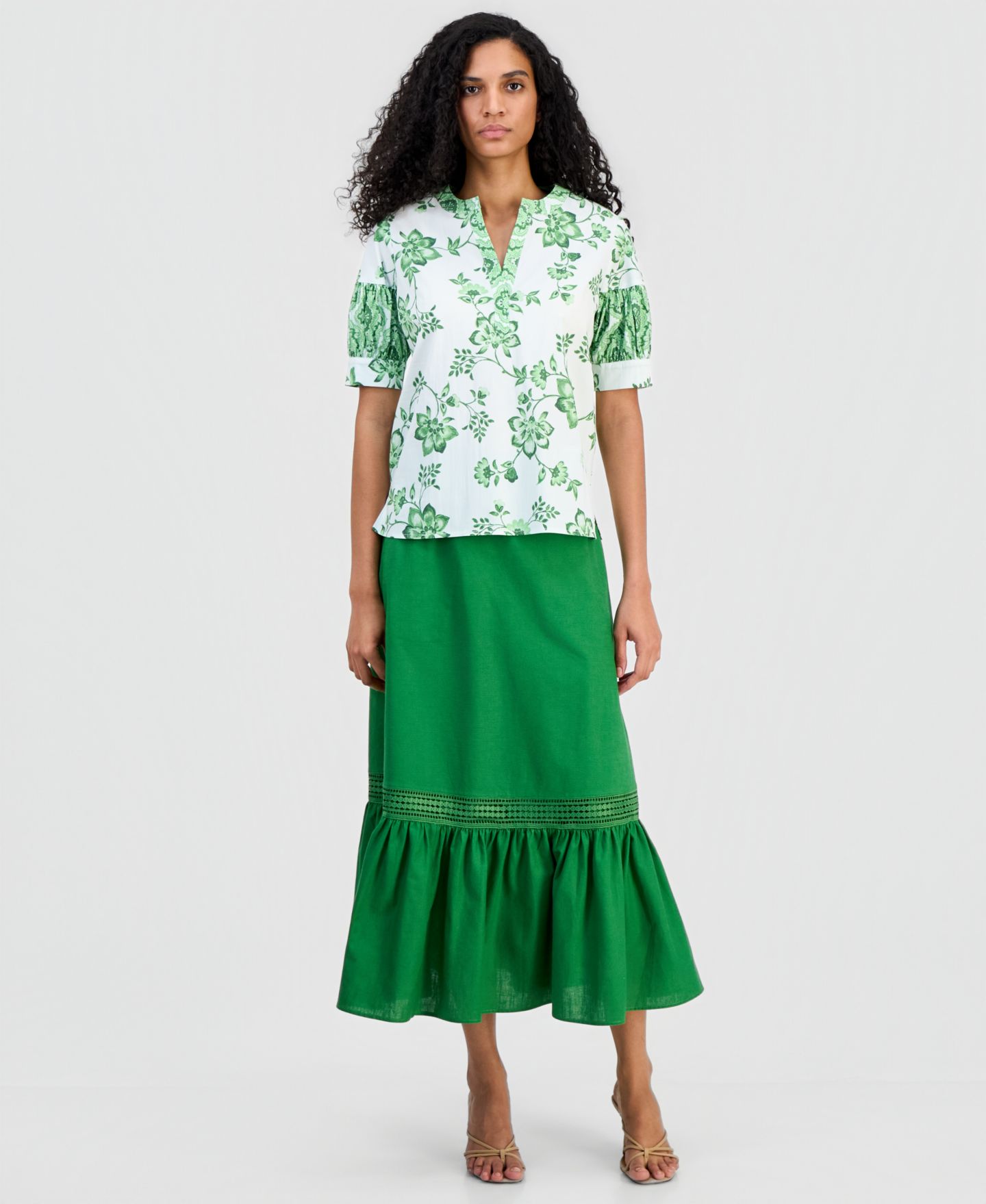 Женский топ T Tahari Split-Neck Puffed-Sleeve, цвет: Зелёный — фото 3