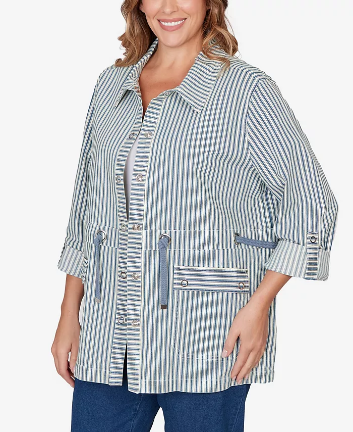 Plus Size Striped Anorak Snap Front Jacket - thumbnail 2