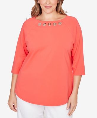 Plus Size Grommet Neck Solid Knit Top