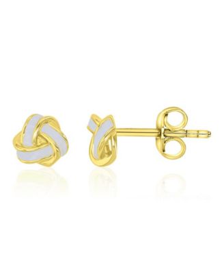 White Enamel Knot Stud Earrings in 14K Yellow Gold Over Sterling Silver