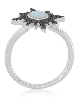 Black Spinel (0.218 ct. t.w.) and White Opal (5 mm) Starburst Ring in Black Rhodium Over Sterling Silver