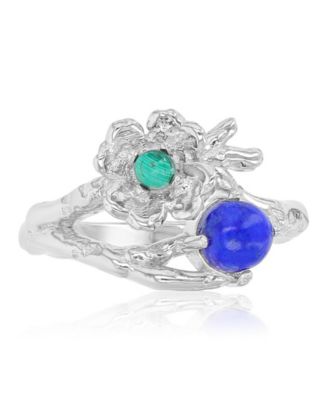 Malachite (0.14 ct. t.w.) and Lapis (5 mm) Flower Ring in Rhodium Over Sterling Silver