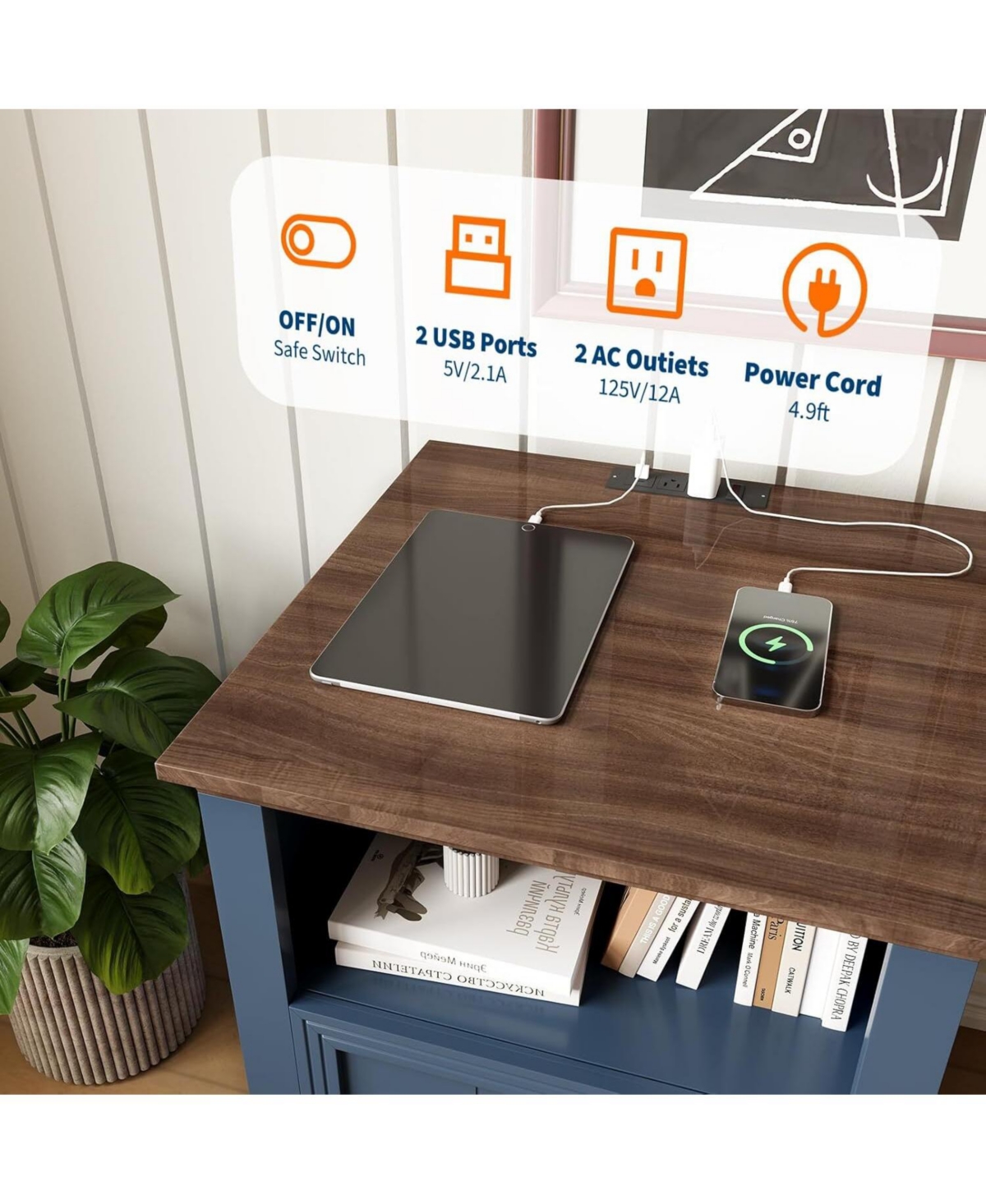 gaomon 1PC 18 Inch Blue Fluted Wood Nightstand, 2-Drawer Filing Cabinet with Usb Charging Station & Shelf