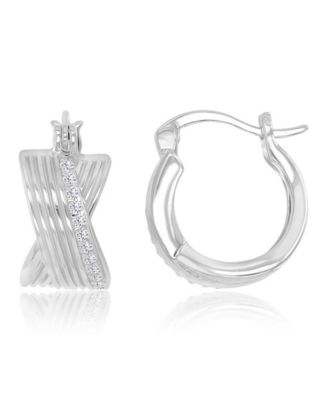 Cubic Zirconia (0.28 ct. t.w.) Rhodium Over Sterling Silver Crossover Huggie Earrings (Also in 14k Yellow Gold Over Sterling Silver)