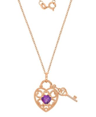 Amethyst (0.69 ct. t.w.) & Diamond (0.012 ct. t.w.) Heart & Key Necklace in 14k Rose Gold Over Sterling Silver