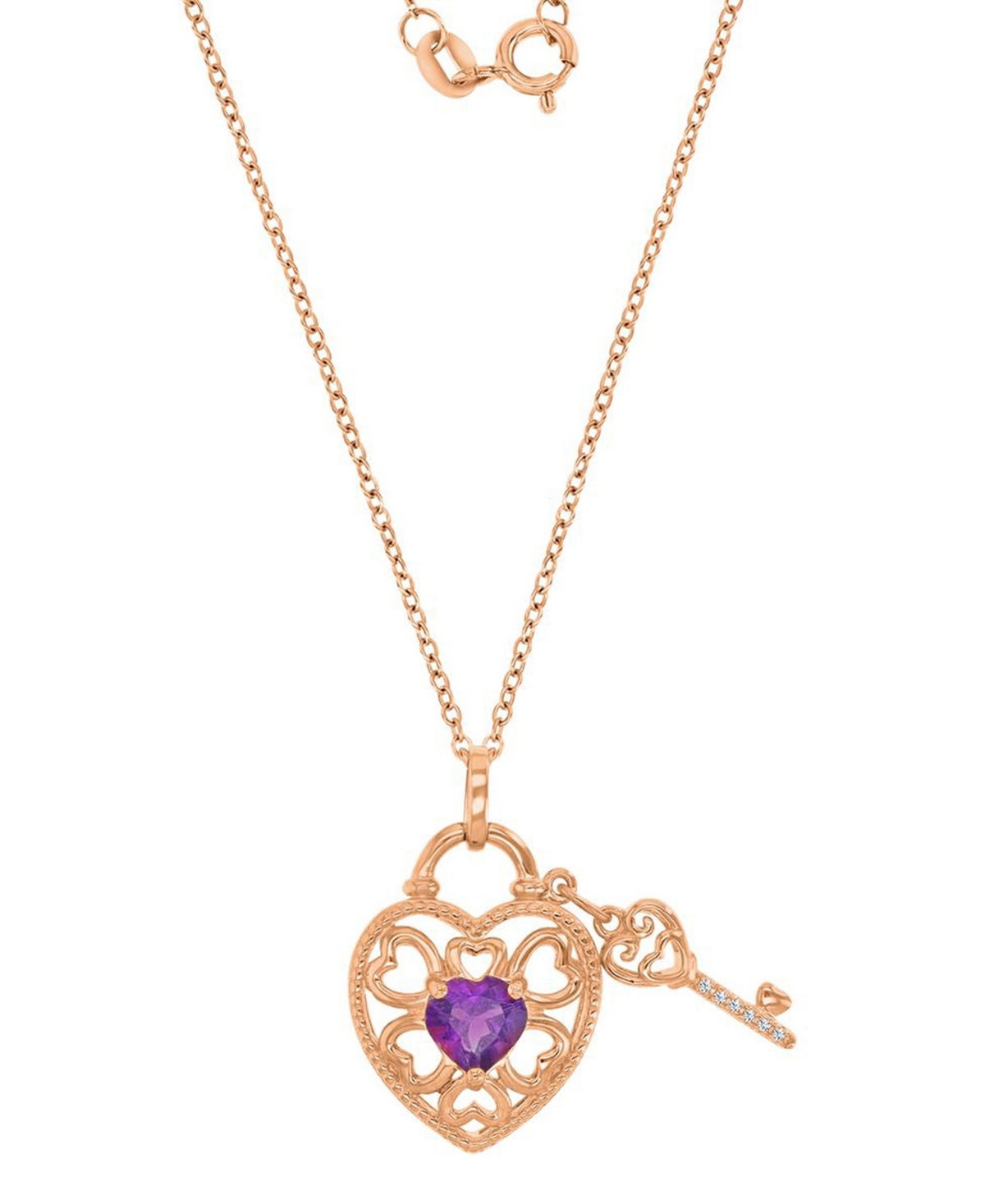 Macy's Amethyst (0.69 ct. t.w.) & Diamond (0.012 ct. t.w.) Heart & Key Necklace in 14k Rose Gold Over Sterling Silver