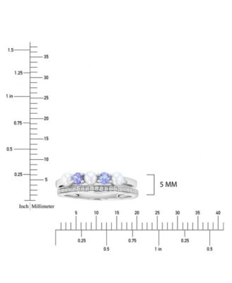 Diamond (0.069 ct. t.w.) Imitation Pearl & Tanzanite Stackable Band Ring Set in Rhodium Over Sterling Silver