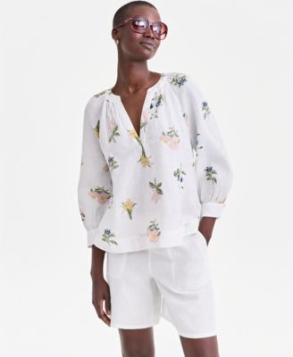 Women's 100% Linen Split-Neck Top