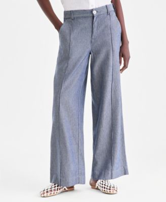 Women's 100% Linen Woven Pleated Wide-Leg Pants