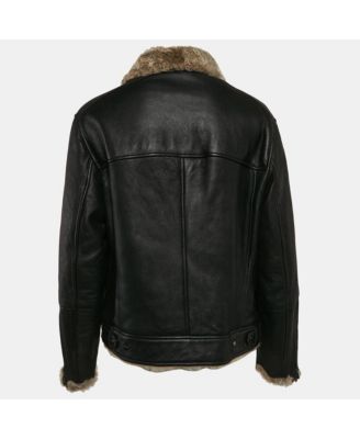 Women's Black Leather Shearling Trimmed Zip-Up Jacket