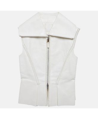Women's Off-White Leather Braided Detail Sleeveless Jacket