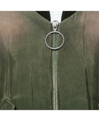Women's Green Cupro Washed Out Effect Zipper Front Bomber Jacket