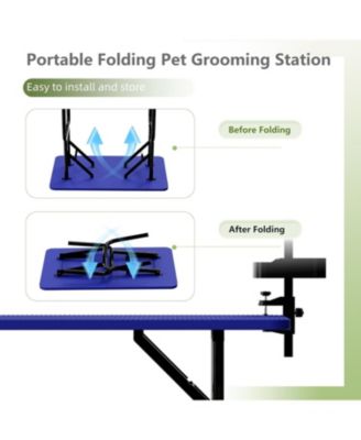 47" Large Dog Grooming Table: Foldable Adjustable Height Pet Station with Arms, Nooses & Mesh Tray, Blue