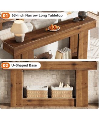 63-Inch Entryway Table, Farmhouse Solid Wood Console Table with U-Shaped Base, 2-Tier Narrow Long Sofa Table Behind The Couch
