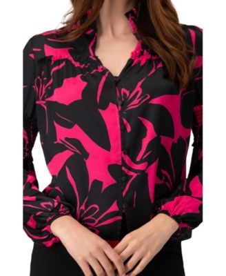 Women's Long Sleeve Smocked Blouse with High Neck Tops
