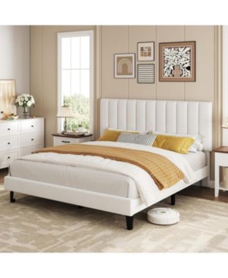 Bed Frame, Velvet Upholstered Platform Bed with Adjustable Vertical Channel Tufted Headboard, No Box Spring Needed, Easy Assembly