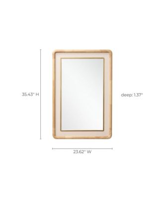 Rounded Rectangle Decorative Wall Mirror, 35" Rubberwood Frame with PU Leather Accent