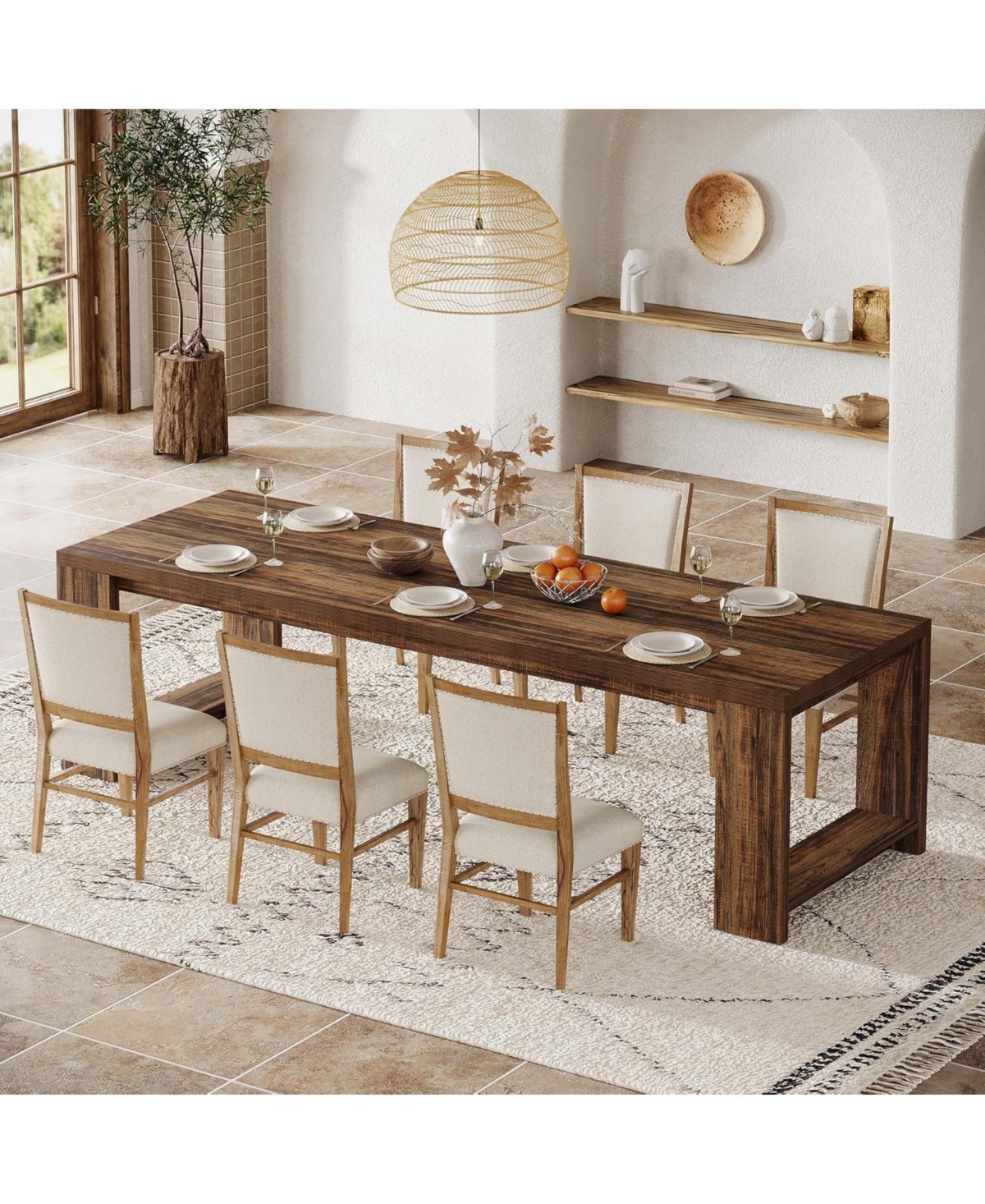 Tribesigns 86.61-Inch Dining Table for 6-8 People, Modern Narrow Long Kitchen Table with Pedestal Base, Farmhouse Extra Long Dining Room Furniture