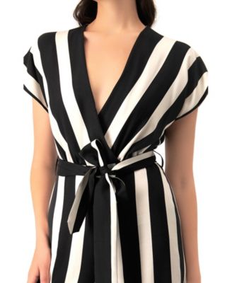Women's Striped V-Neck Jumpsuit with Waist Tie