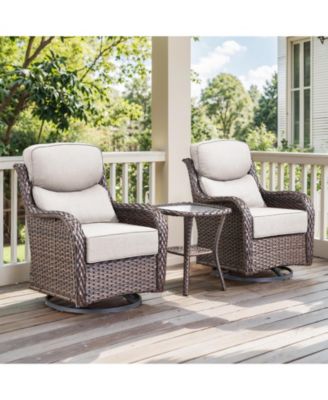 3-Piece Wicker Patio Conversation Set with Crescent Swivel Glider Chairs, Olefin 6-Inch Thick Cushions, and End Table