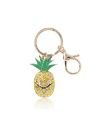 Crystal Pineapple Keychain, Gold Tone with Green Enamel Leaves