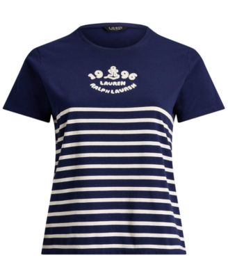Plus Size Striped Embroidered Logo Jersey Crewneck T-Shirt